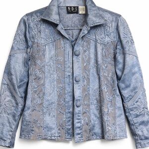 Vintage Embroidered Denim Jacket Floral Boho Western Beaded Blue Small